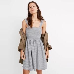 Madewell Striped Shirred Mini Dress in Navy and White